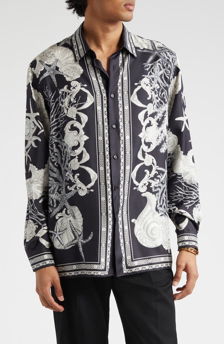 Versace Seashell Barocco Print Silk Button-Up Shirt, Main, color, Black Concrete Bone