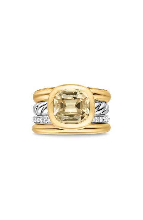 DY Mercer® Four Row Stone Ring in Sterling Silver with 18K Yellow Gold, Champagne Citrine & Diamonds, 14mm
