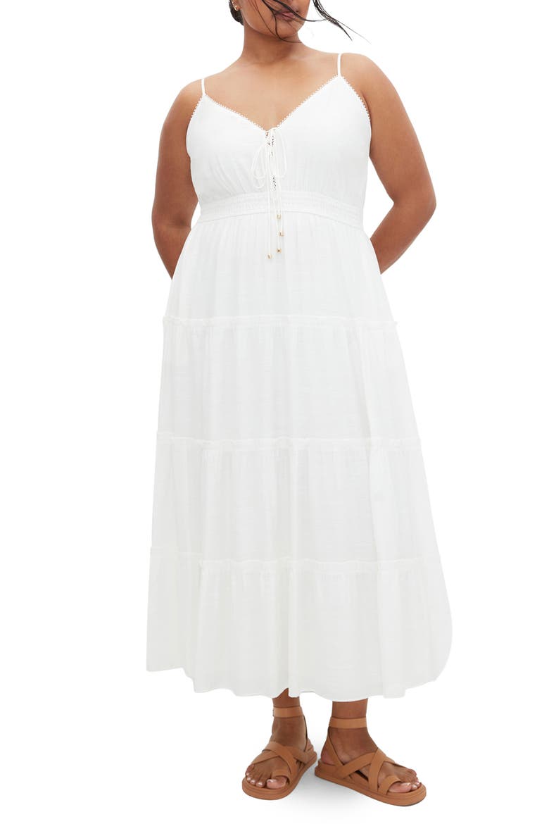 Aiza Tiered Tie Front Sleeveless Maxi Dress, Main, color, IVORY