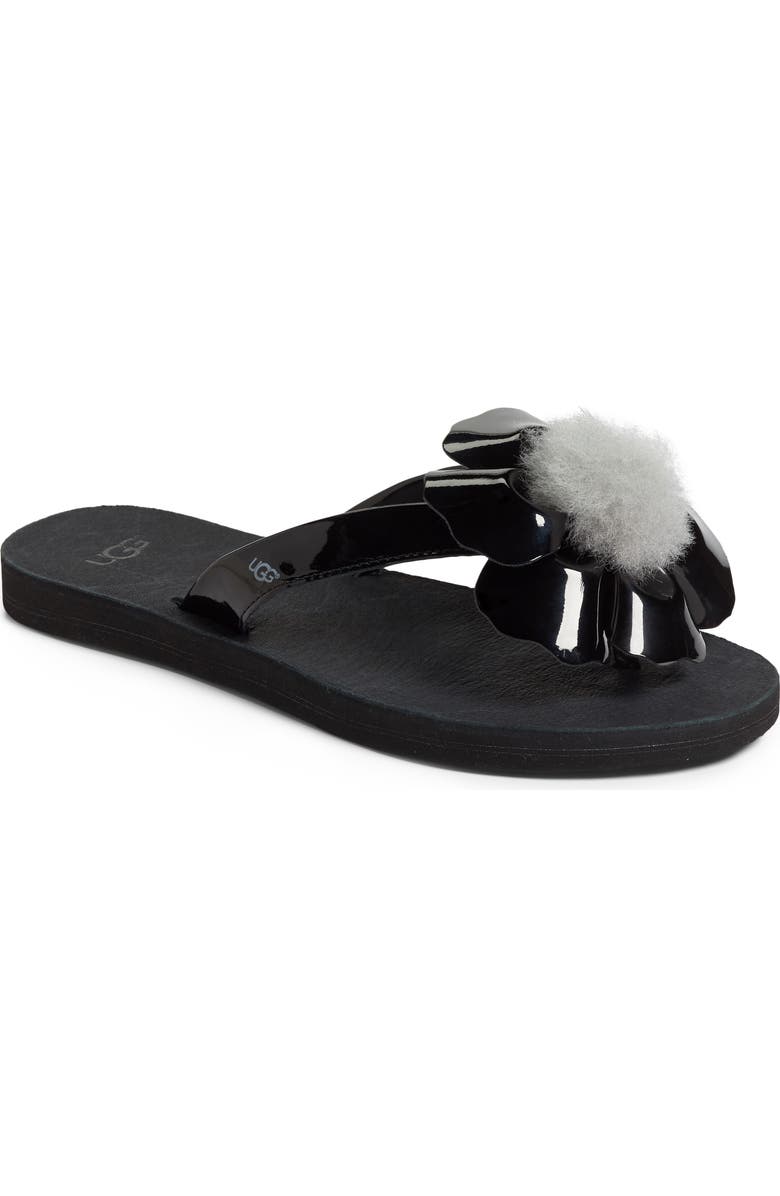 UGG<sup>®</sup> Poppy Genuine Shearling Pompom Flip Flop, Main, color,