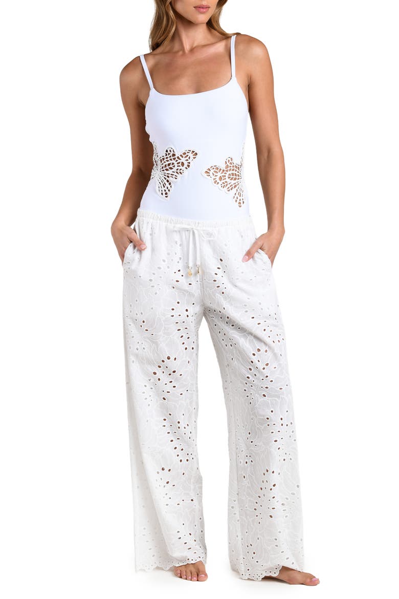 Monstera Eyelet Cove Cover-Up Pants, Main, color, WHITE