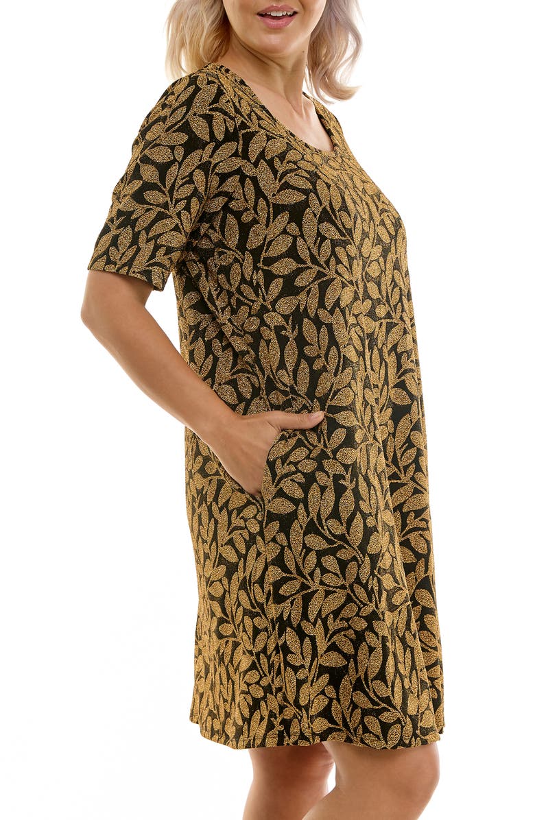 Nina Leonard Metallic Leaf Short Sleeve Trapeze Dress, Alternate, color, 