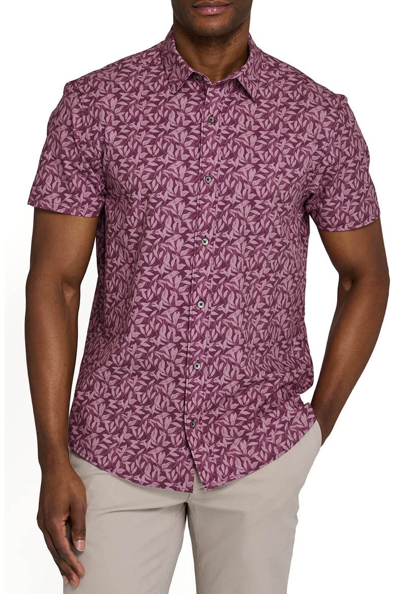 Leaf Print Performance Short Sleeve Button-Up Shirt, Alternate, color, MAROON