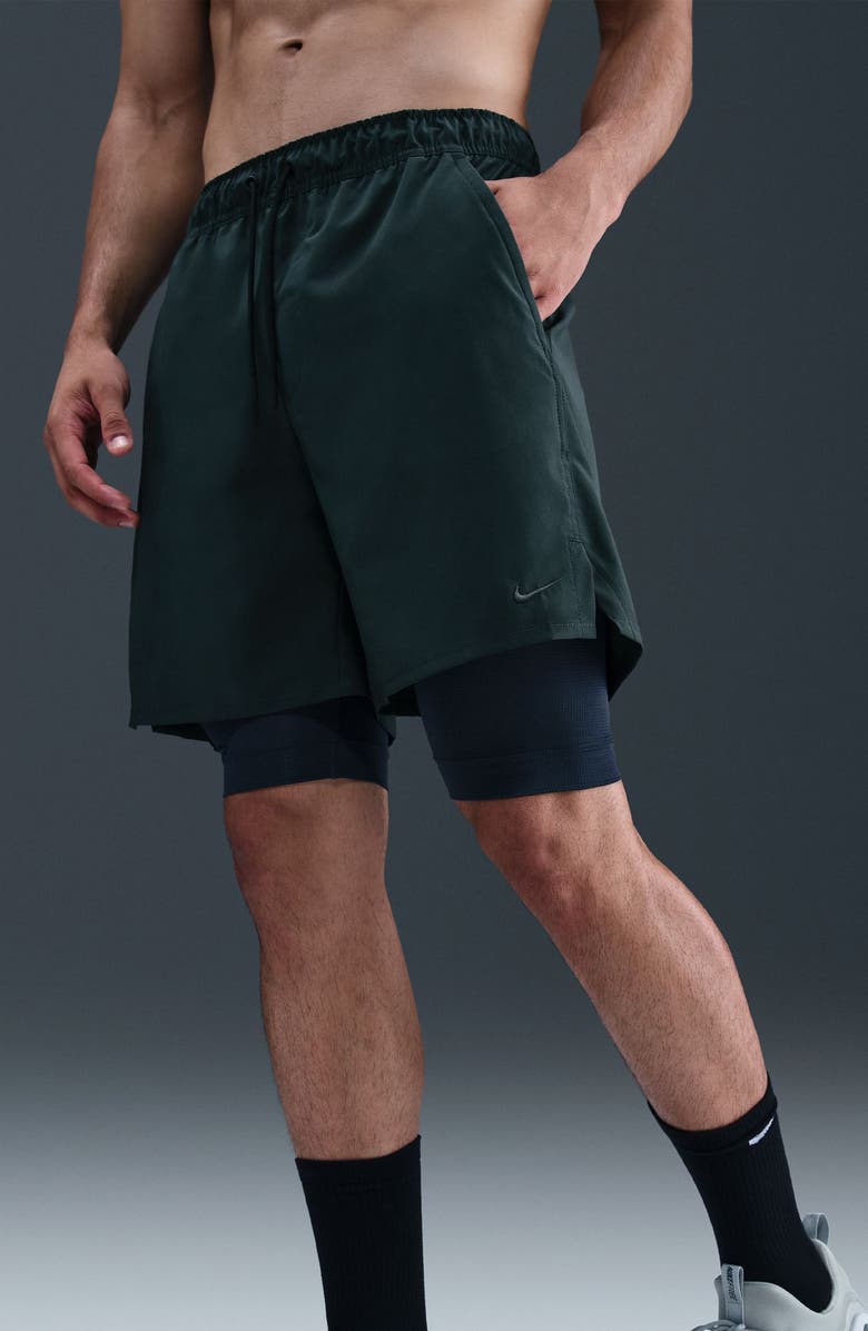 Nike Dri-FIT Unlimited 2-in-1 Versatile Shorts, Alternate, color, Seaweed/ Black