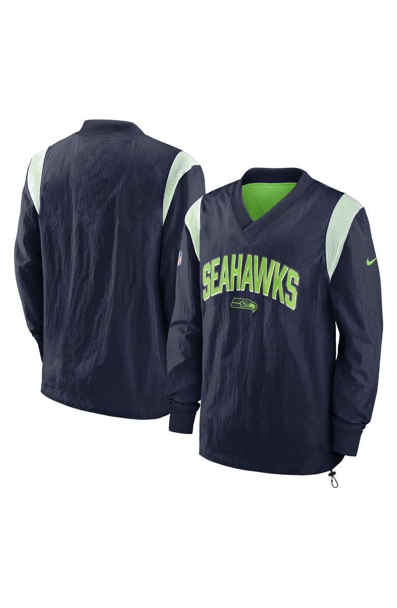 Nike Men's Nike College Navy Seattle Seahawks Sideline Athletic Stack V-Neck Pullover Windshirt Jacket, Main, color, Navy