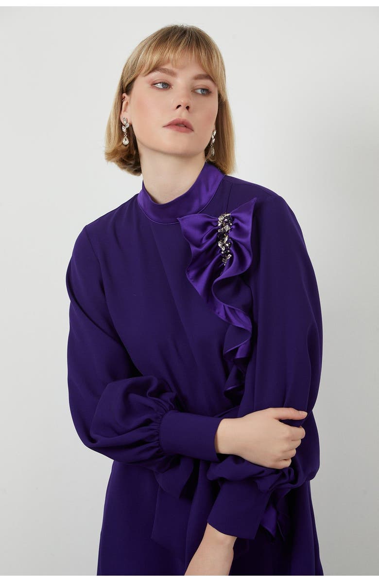 Gizia Gathered Detail Beaded Long Unlined Off-White Dress, Main, color, Beige