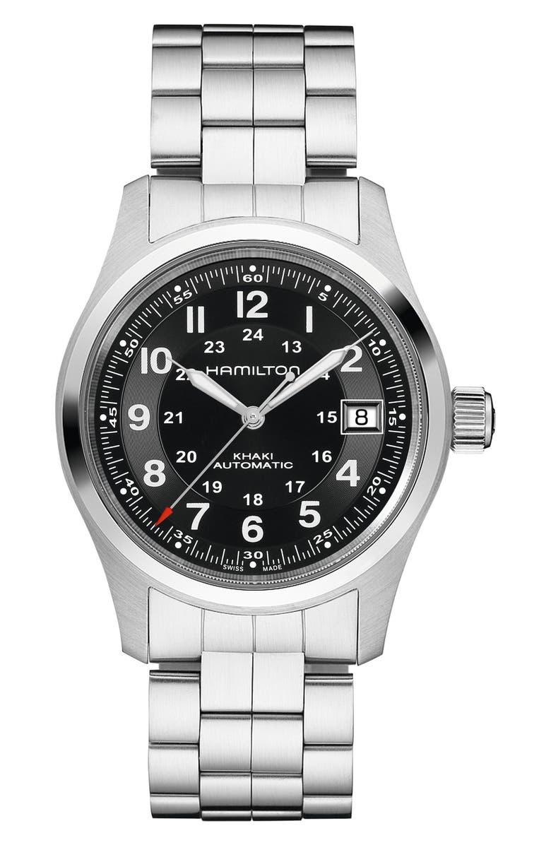 Hamilton Khaki Field Automatic Bracelet Watch, 38mm, Main, color, Silver/Black
