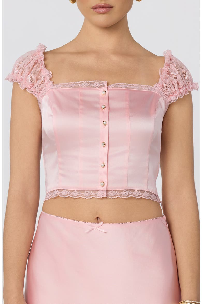 Elliana Lace Trim Satin Button-Up Crop Top, Main, color, PINK
