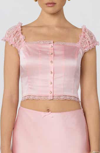 Elliana Lace Trim Satin Button-Up Crop Top