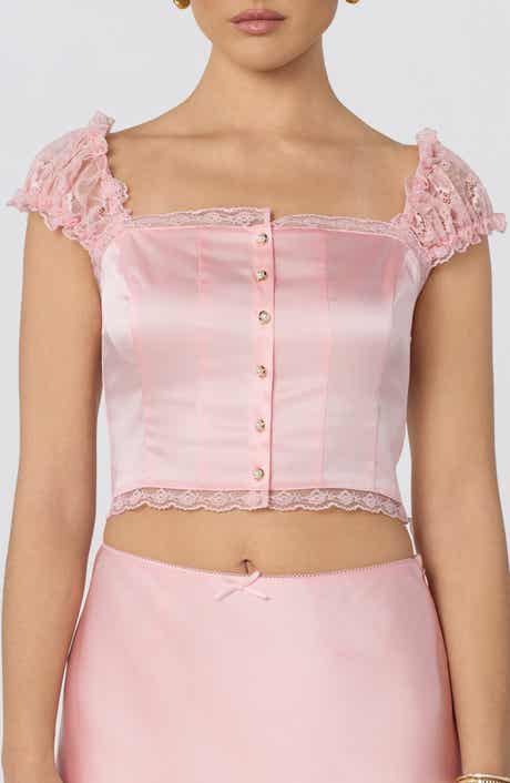 Elliana Lace Trim Satin Button-Up Crop Top