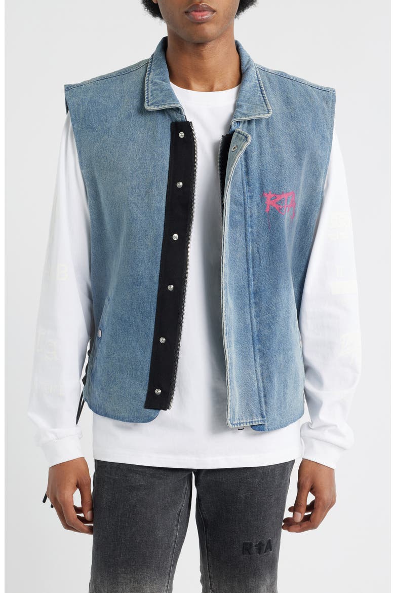 Cesar Graphic Graffiti Denim Vest with Quilted Lining, Main, color, GRAFFITI BLUE