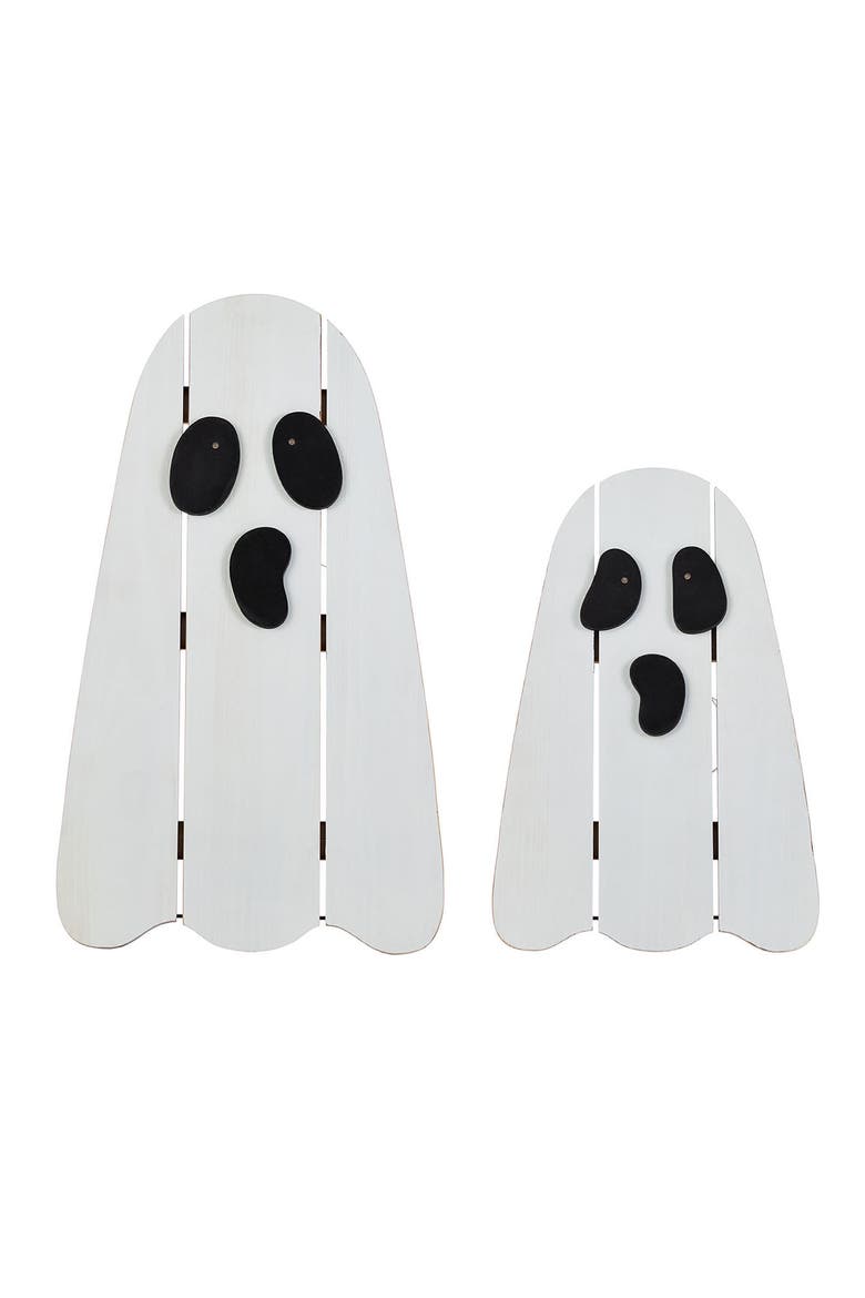 Set of 2 Halloween Lighted Wooden White Ghost Porch Decor with Timer, Alternate, color, White