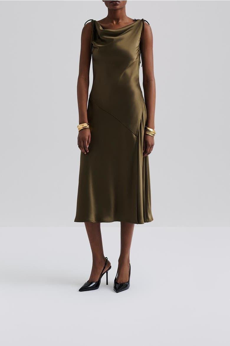 Zarea Tie Satin Midi Dress, Alternate, color, Olive