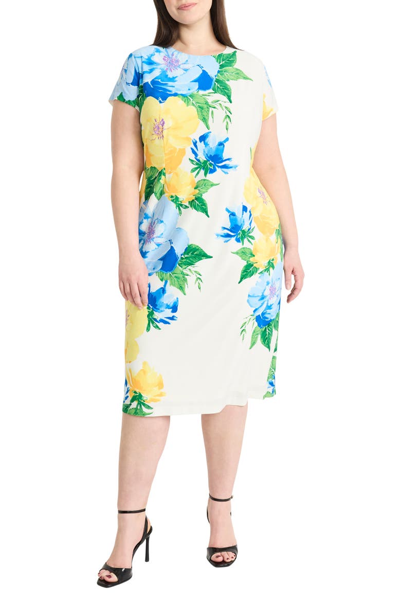 Floral Short Sleeve Matte Jersey Midi Dress, Main, color, SOFT WHITE/ YELLOW