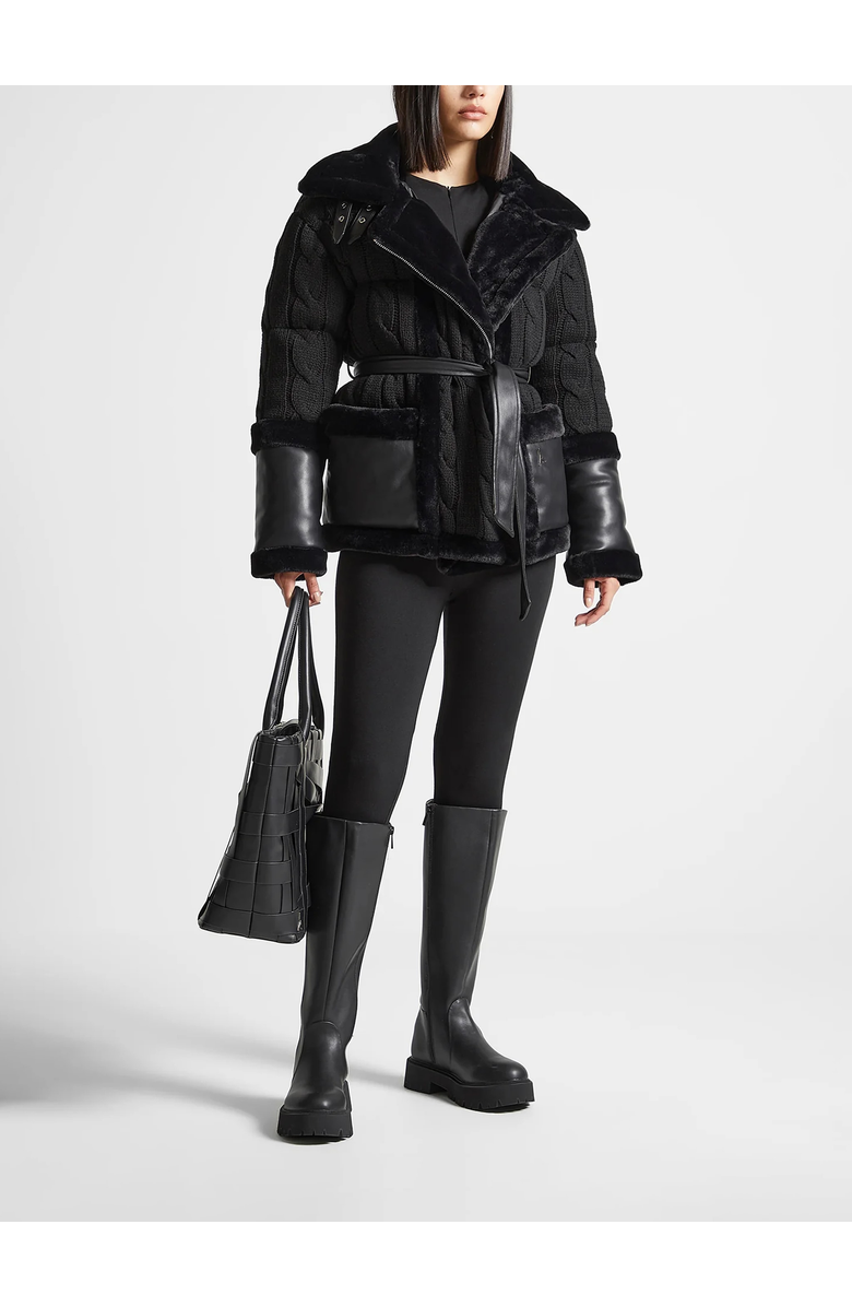 Manière De Voir Tara Knit and Plush Puffer Biker Jacket, Alternate, color, Black