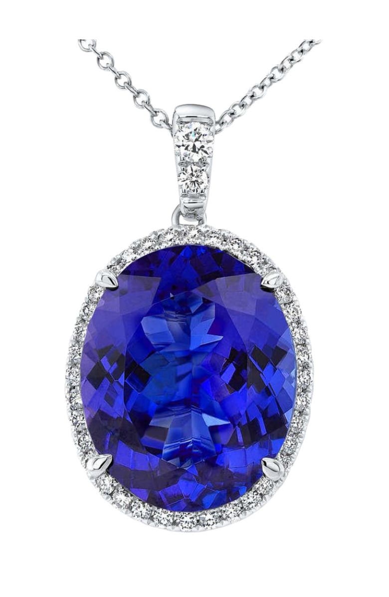 Bliss Diamond 5 Ct TW Oval Tanzanite & Lab Grown Diamond Halo Pendant 14k Gold Necklace, Main, color, 