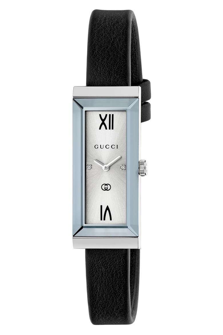 G-Frame Leather Strap Watch, 14mm x 34mm, Main, color, SILVER/ STEEL/ BLACK