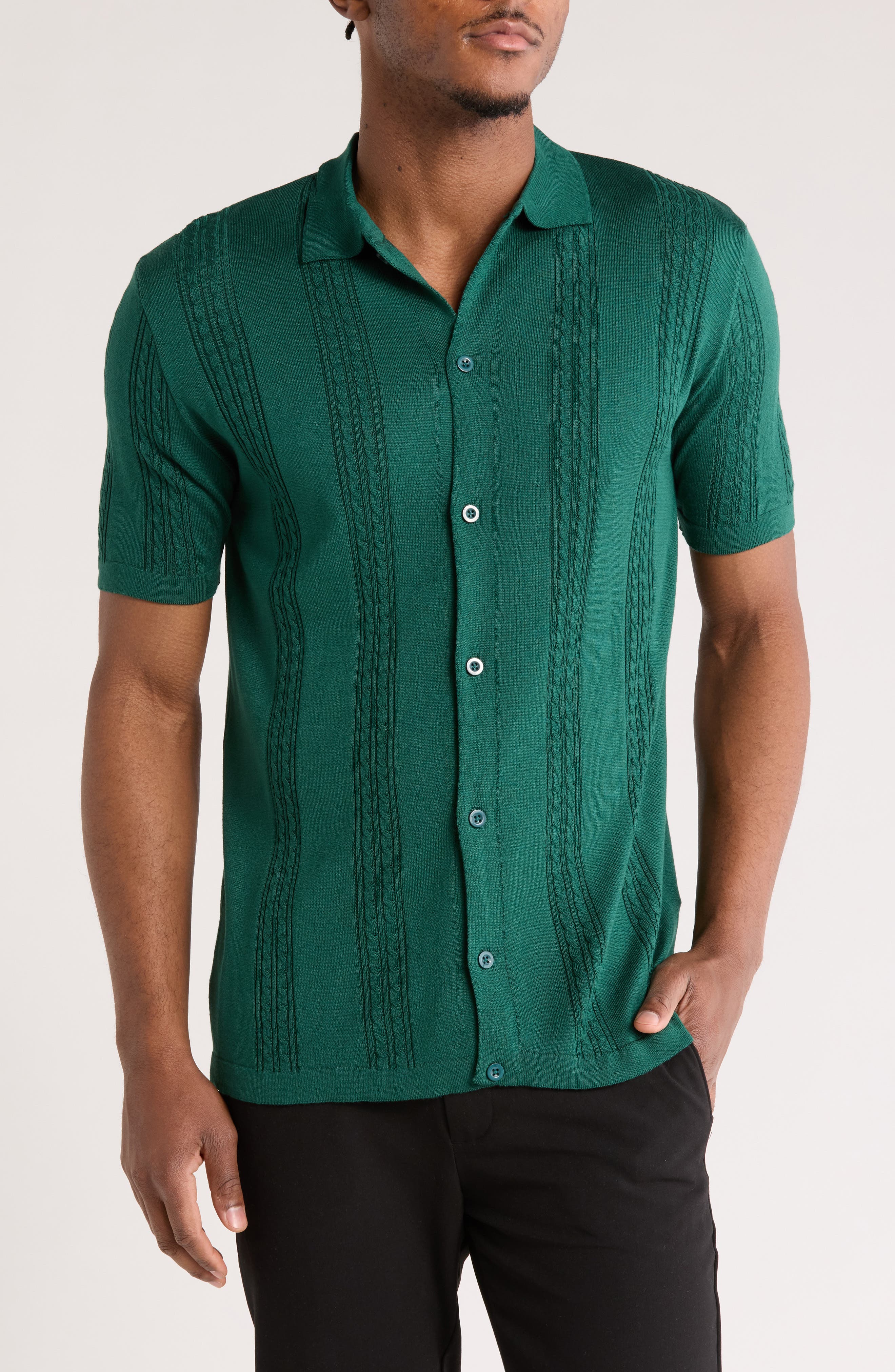 T.R. PREMIUM Knit Short Sleeve Button-Up Shirt