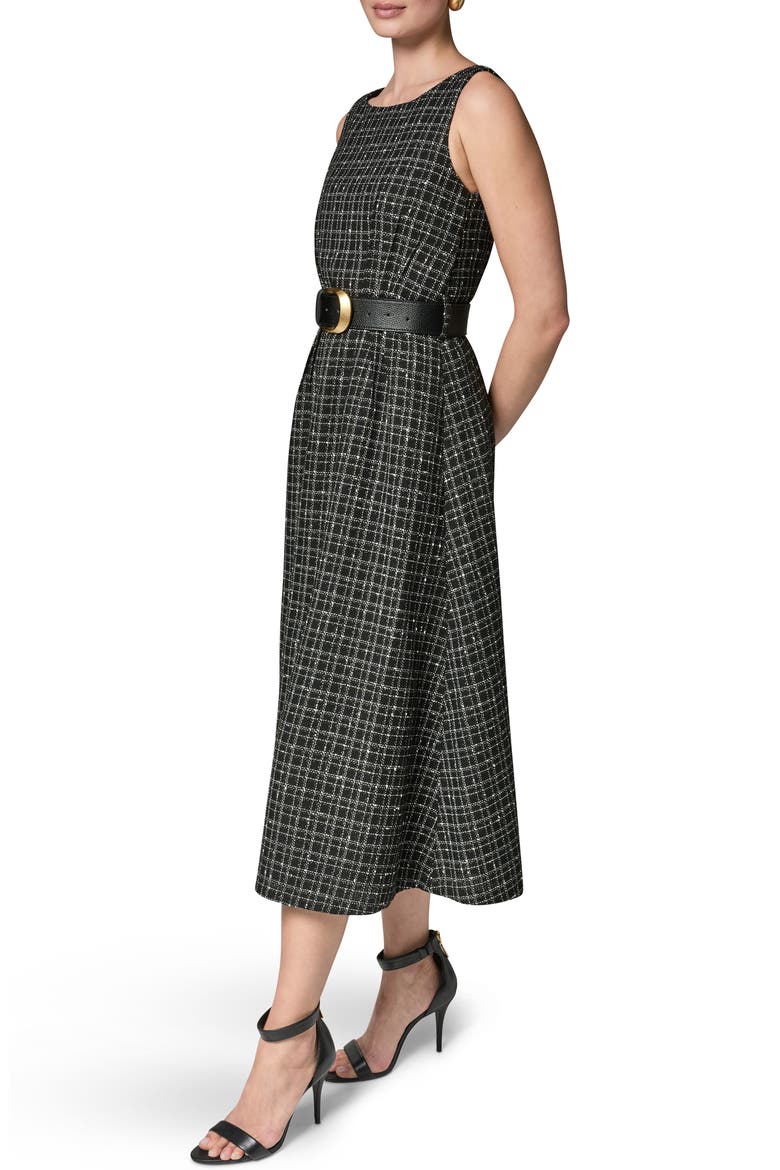 Check Tweed Belted Midi Dress, Alternate, color, BLACK CREAM