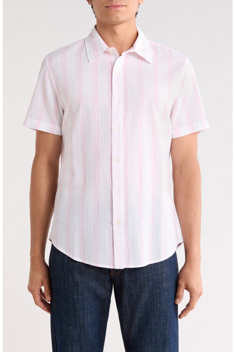Riviera Short Sleeve Cotton Button-Up Shirt, Main, color, PINK STRIPE SEERSUCKER