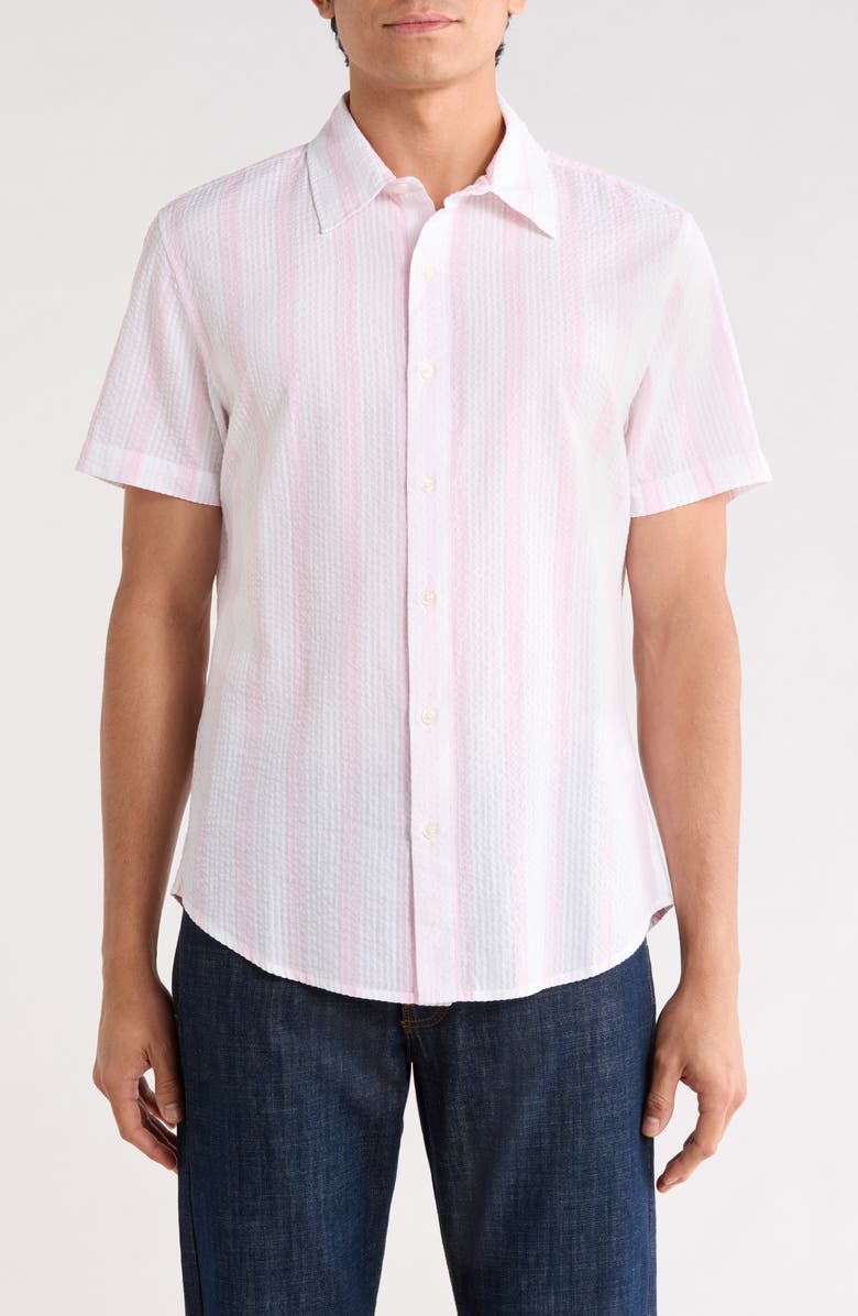 Bonobos Riviera Short Sleeve Cotton Button-Up Shirt, Main, color, Pink Stripe Seersucker