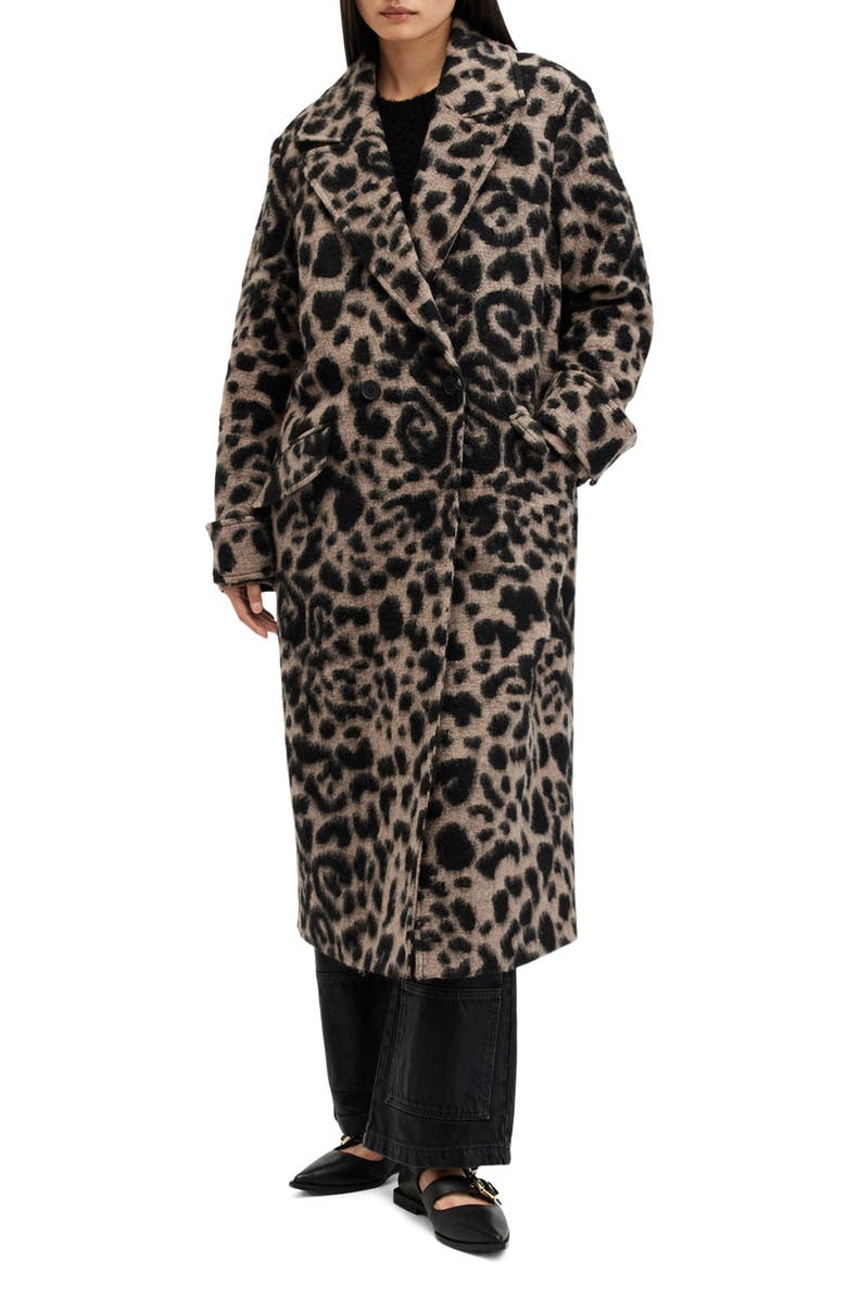 AllSaints Mabel Leopard Print Double Breasted Coat, Alternate, color, 