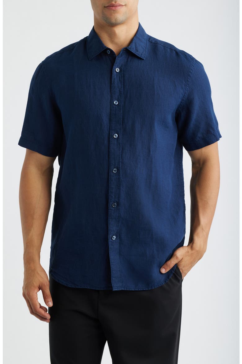 Orson Shaped Fit Short Sleeve Linen Button-Up Shirt, Main, color, NAVY