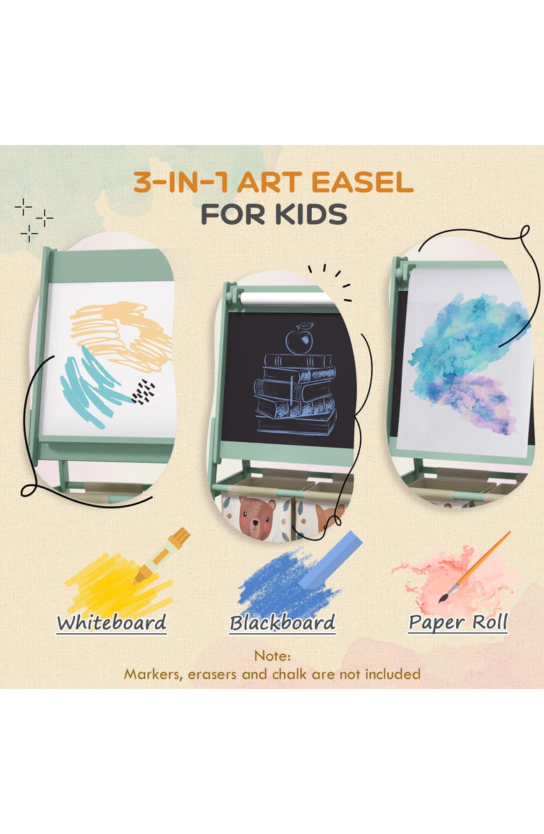 Qaba Kids 3-in-1 Art Easel with Paper Roll, Blackboard, Whiteboard, Storage Baskets​, Alternate, color, Green