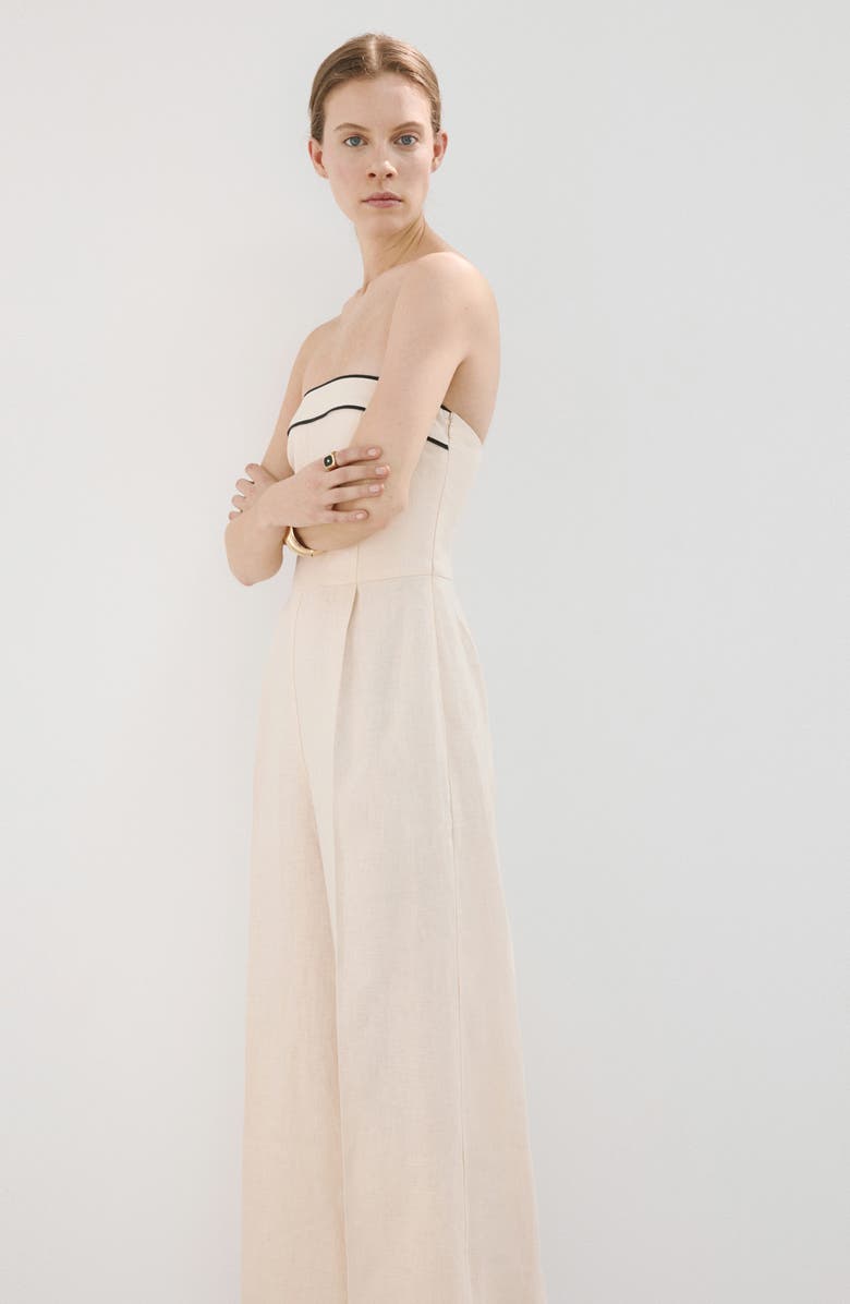 MANGO Mono Corso Strapless Linen Jumpsuit, Alternate, color, Ecru