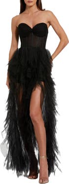 Mac Duggal Strapless Bustier Net Gown With Spiral Ruffles