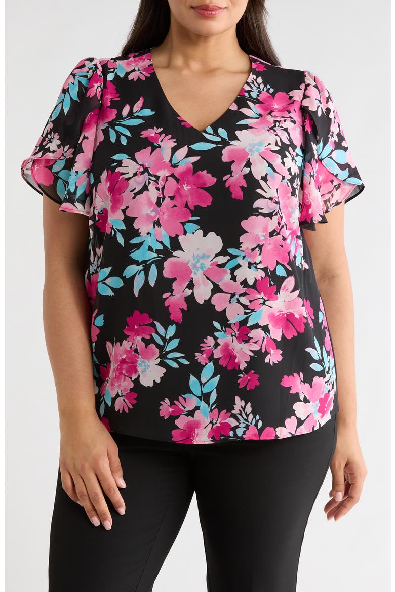 Floral Print Tulip Sleeve Top, Main, color, BLACK MULTI