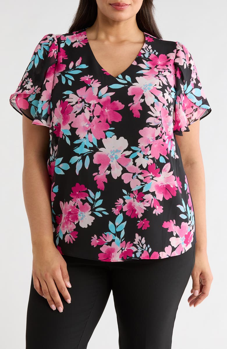KASPER Floral Print Tulip Sleeve Top, Main, color,