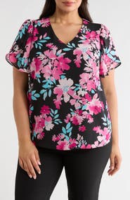 KASPER Floral Print Tulip Sleeve Top