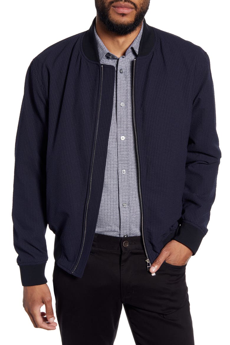 Cadus Regular Fit Seersucker Check Bomber Jacket, Main, color, BLUE