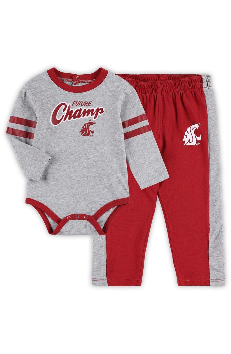 Outerstuff Infant Heather Gray/Crimson Washington State Cougars Little Kicker Long Sleeve Bodysuit and Sweatpants Set, Main, color,