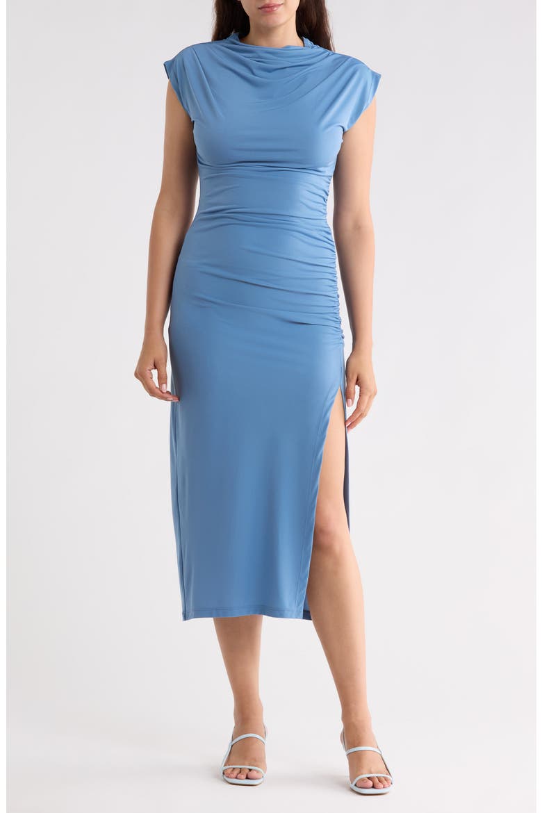 Ruched Cowl Neck Midi Dress, Main, color, BLUE