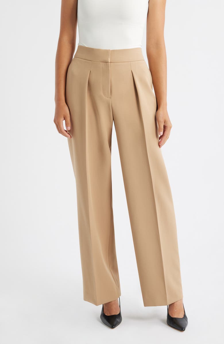 Anne Klein Pleated High Waist Wide Leg Pants, Main, color, Light Coffee