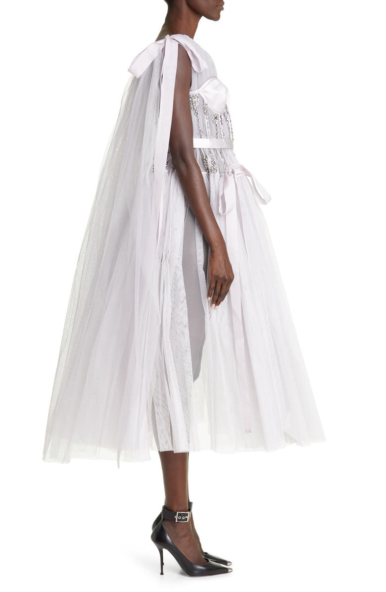 McQueen Crystal Embellished Off the Shoulder Mesh Dress, Alternate, color, 