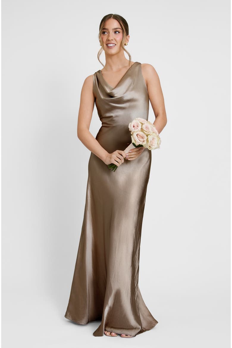 Cowl Front Satin Bridesmaid Dress, Main, color, Truffle