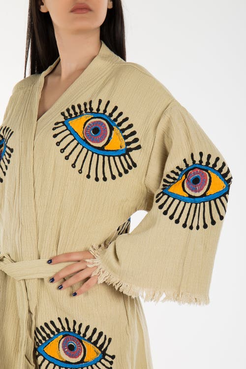 Forever & Always Shoes Aria Evil Eye Handmade Cotton Kimono In Beige