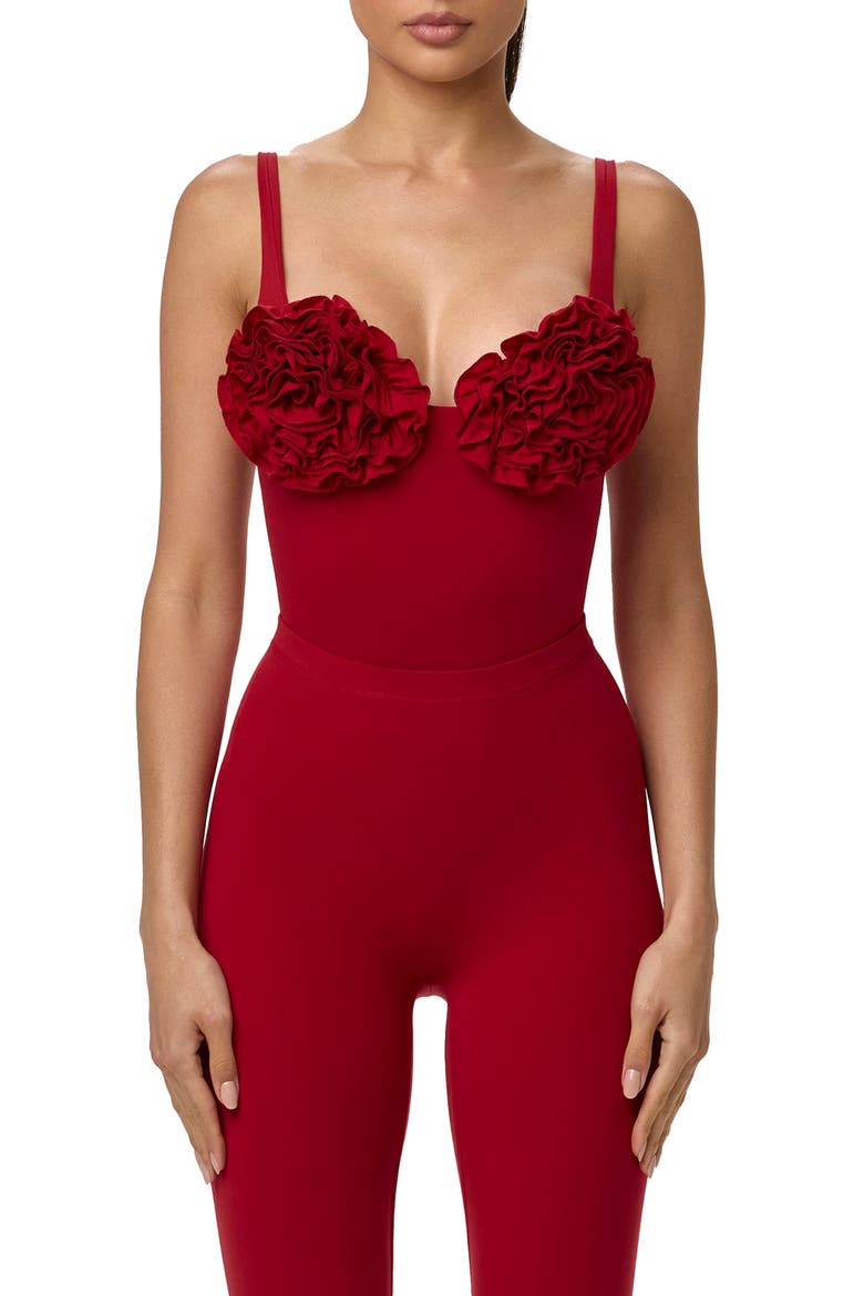 Rosette Bust Bodysuit, Main, color, RUBY RED