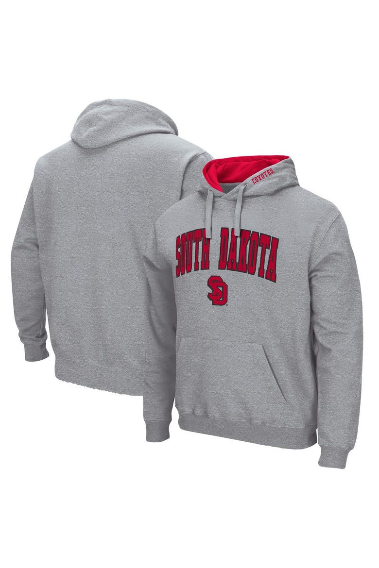 Men's Colosseum Heathered Gray South Dakota Coyotes Arch and Logo Pullover Hoodie, Main, color, Heather Gray