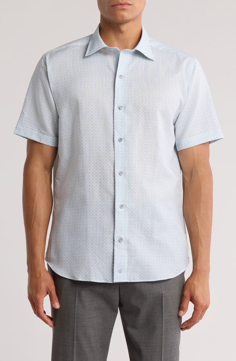 David Donahue Short Sleeve Linen & Cotton Sport Shirt, Main, color, Sky/ Grass