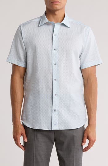 David Donahue Short Sleeve Linen & Cotton Sport Shirt In Green