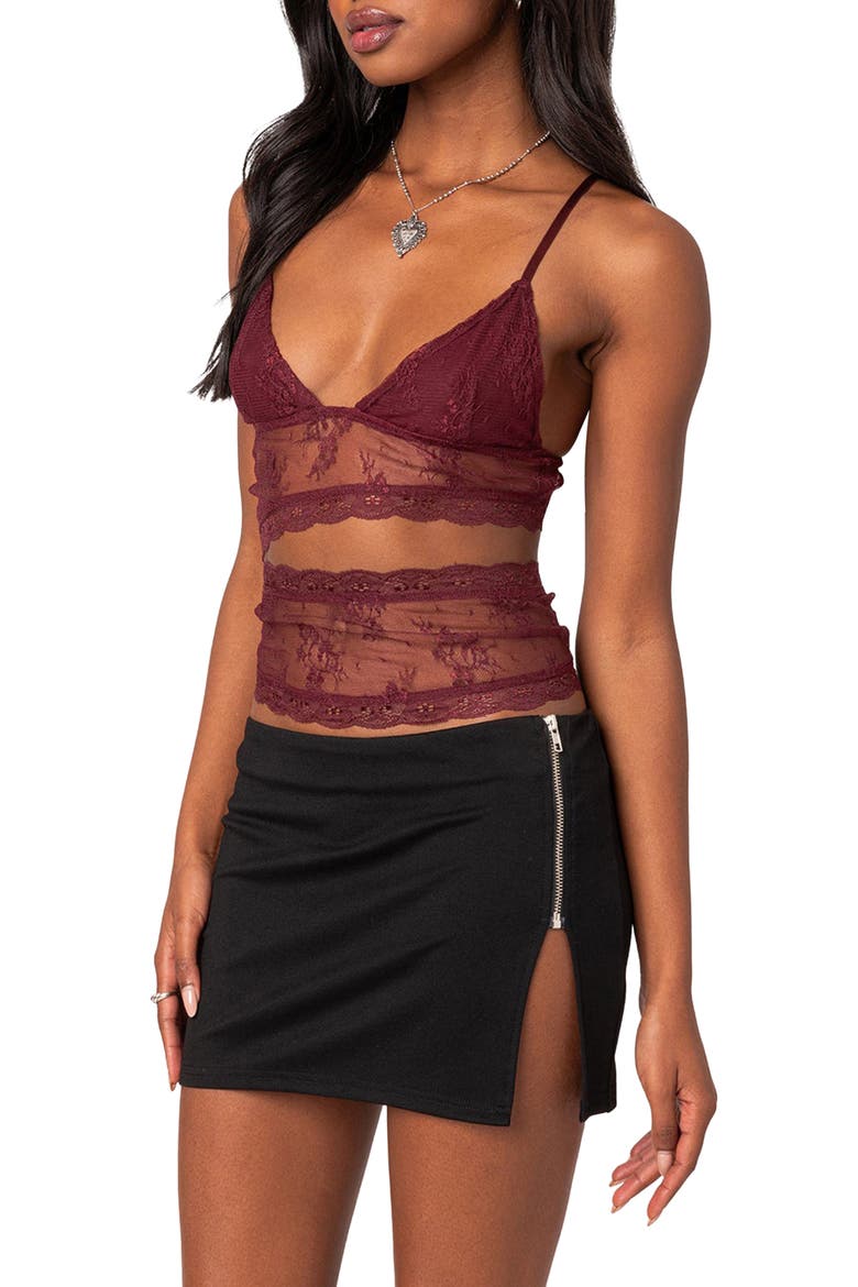 Spice Cutout Sheer Lace Camisole, Alternate, color, BURGUNDY