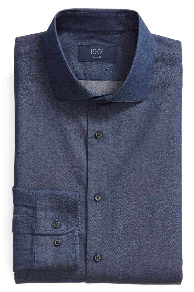 Trim Fit Solid Denim Dress Shirt, Alternate, color, NAVY INDIGO