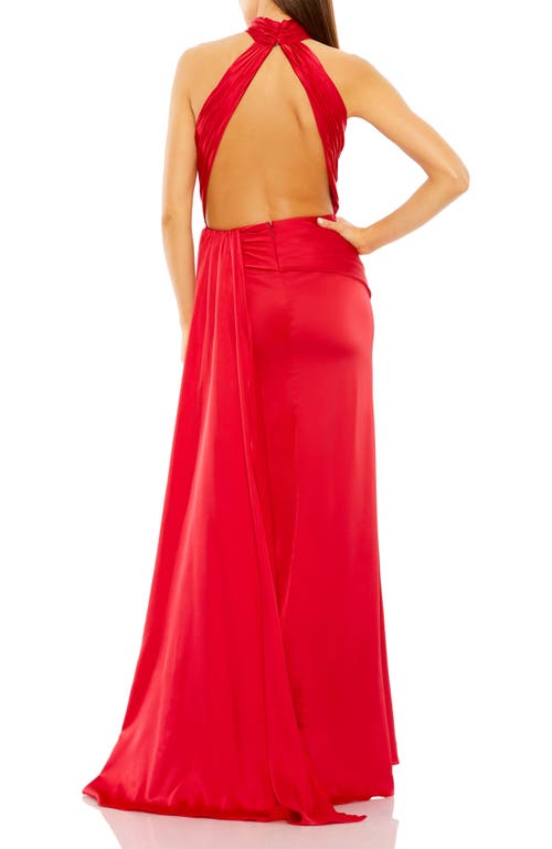 Mac Duggal Open Back High Neck Side Ruched Gown In Red