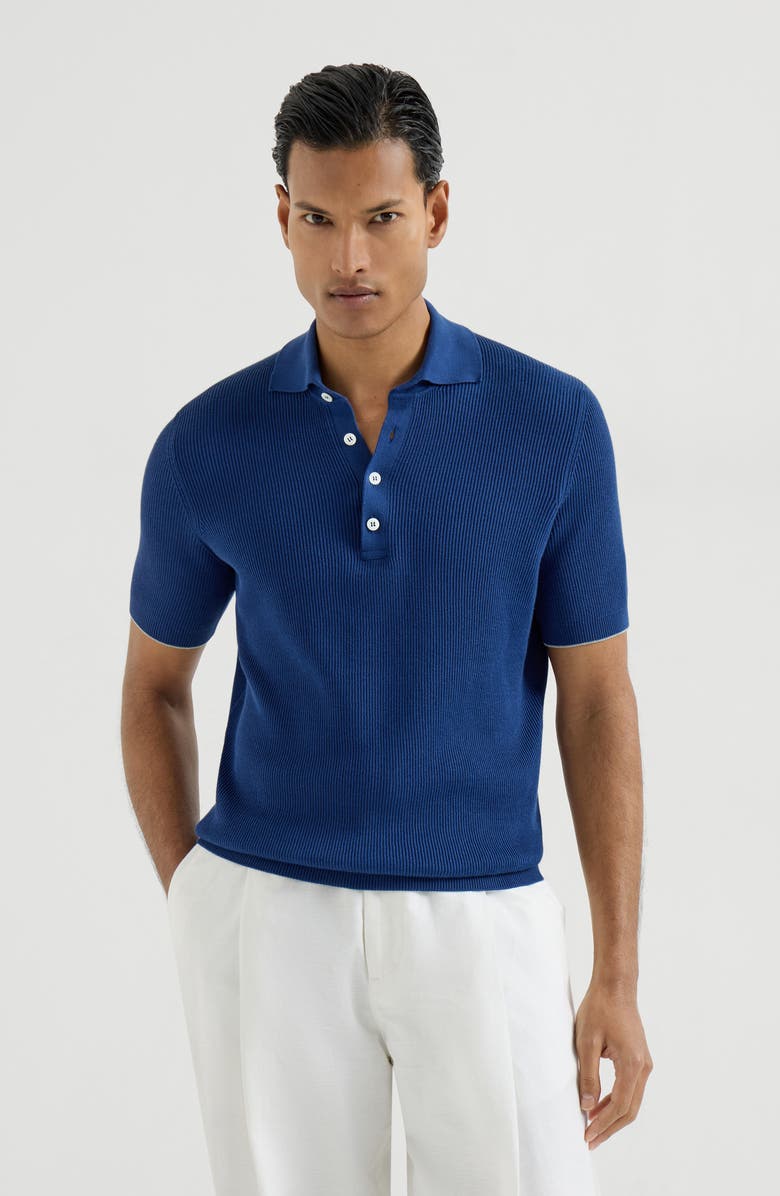 Brunello Cucinelli Half English rib knit polo, Main, color, Avio Blue