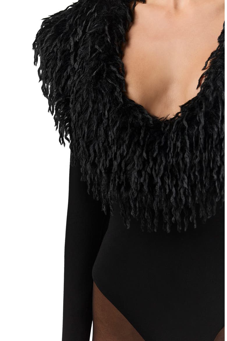 Butter Long Sleeve Bodysuit with Feather Collar, Alternate, color, BLACK