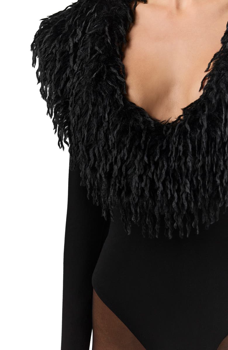 Naked Wardrobe Butter Long Sleeve Bodysuit with Feather Collar, Alternate, color, Black